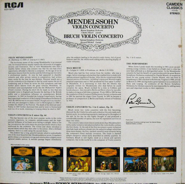 Felix Mendelssohn-Bartholdy / Boston Symphony Orchestra, Max Bruch / Jaime Laredo, Charles Munch, Howard Mitchell : Violin Concerto (LP, RE)