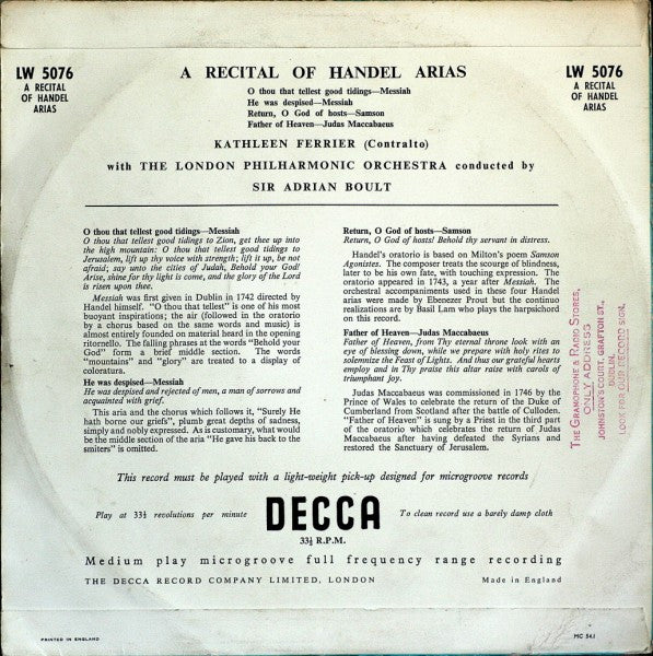 Kathleen Ferrier With Sir Adrian Boult Conducting The London Philharmonic Orchestra : A Recital Of Handel Arias (10", Med)