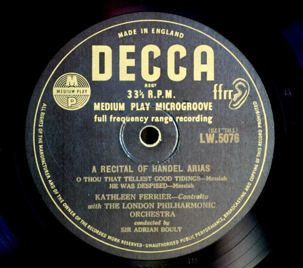 Kathleen Ferrier With Sir Adrian Boult Conducting The London Philharmonic Orchestra : A Recital Of Handel Arias (10", Med)