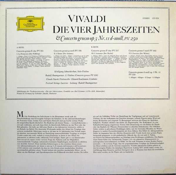 Antonio Vivaldi / Festival Strings Lucerne, Rudolf Baumgartner : Die Vier Jahreszeiten & Concerto Grosso Op 3 Nr. II D-moll, P.V. 250 (LP, Ste)