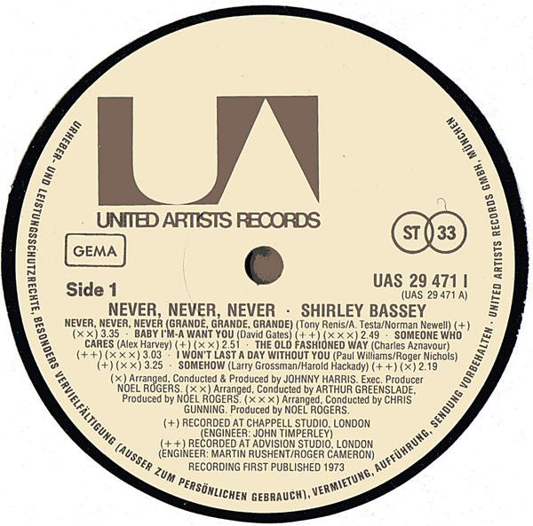 Shirley Bassey : Never Never Never (LP, Album, Gat)