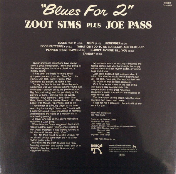 Zoot Sims Plus Joe Pass : Blues For 2 (LP)