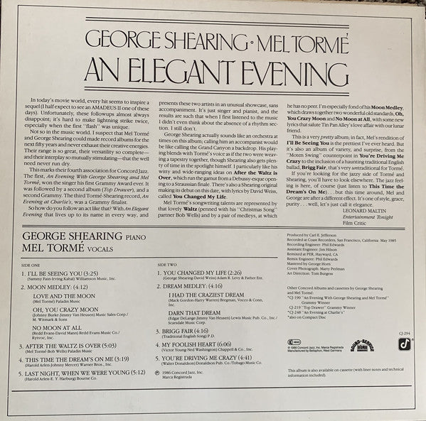 George Shearing And Mel Tormé : An Elegant Evening (LP, Album)