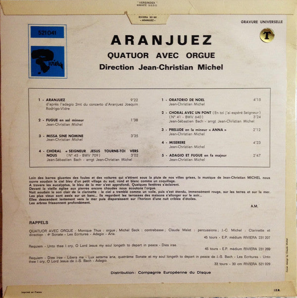 Jean-Christian Michel - Quatuor Avec Orgue : Aranjuez (LP)