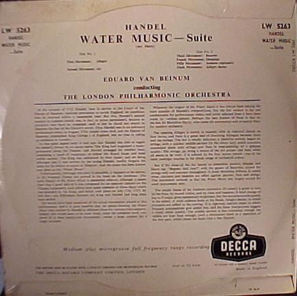 Georg Friedrich Händel - The London Philharmonic Orchestra, Eduard van Beinum : Wassermusik, Suite (10", Mono)