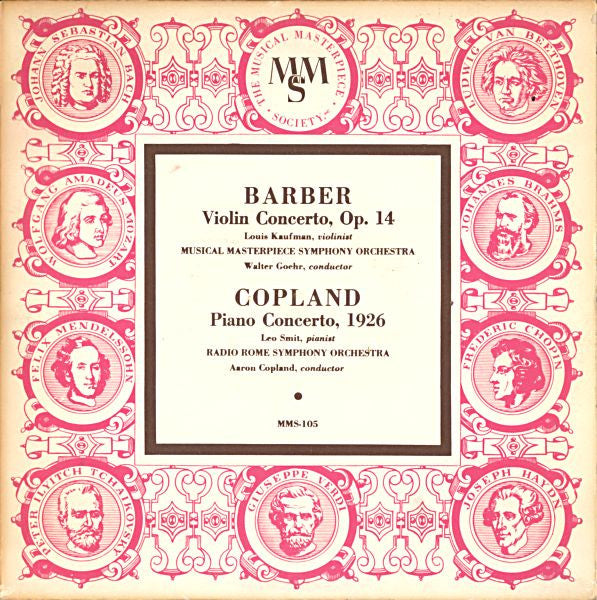 Louis Kaufman With Musical Masterpiece Symphony Orchestra, Walter Goehr • Leo Smit With Unione Musicisti Di Roma, Aaron Copland : Barber: Violin Concerto, Op. 14; Copland: Piano Concerto, 1926 (10", Mono)