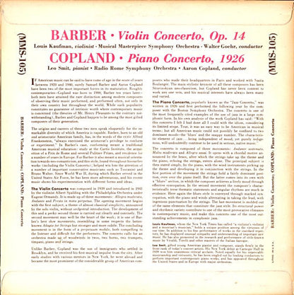 Louis Kaufman With Musical Masterpiece Symphony Orchestra, Walter Goehr • Leo Smit With Unione Musicisti Di Roma, Aaron Copland : Barber: Violin Concerto, Op. 14; Copland: Piano Concerto, 1926 (10", Mono)