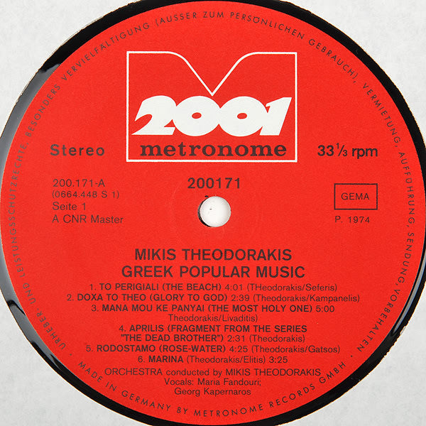 Mikis Theodorakis : Greek Popular Music (LP, Comp, Red)