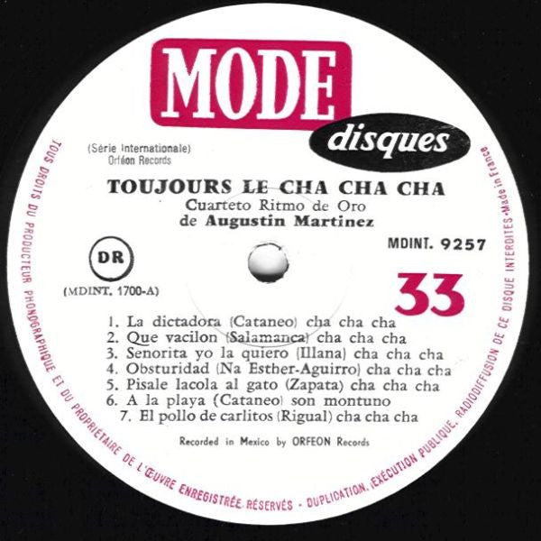 Cuarteto Ritmo De Oro De Augustin Martinez : Toujours Le Cha Cha Cha (LP, Album, Mono)