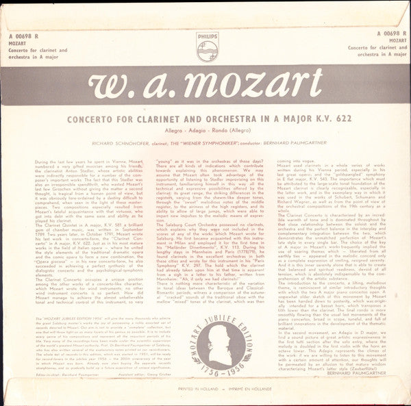 Wolfgang Amadeus Mozart, Richard Schönhofer, Wiener Symphoniker, Bernhard Paumgartner : Concerto For Clarinet And Orchestra In A Major. K.V. 622 (10", Mono)