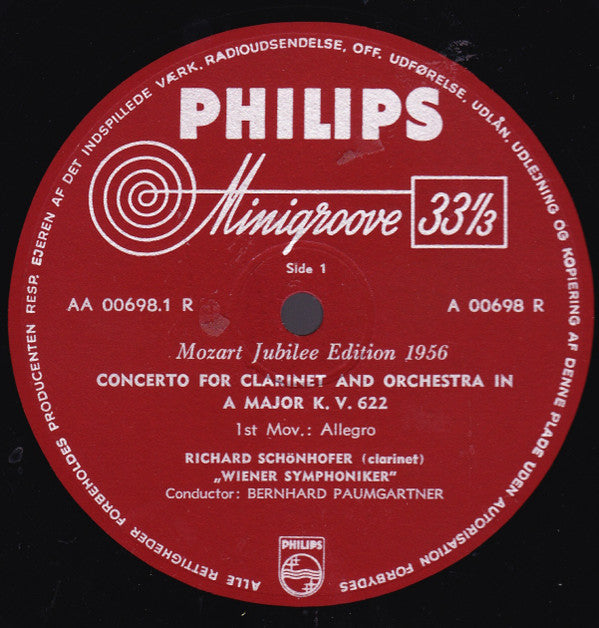 Wolfgang Amadeus Mozart, Richard Schönhofer, Wiener Symphoniker, Bernhard Paumgartner : Concerto For Clarinet And Orchestra In A Major. K.V. 622 (10", Mono)