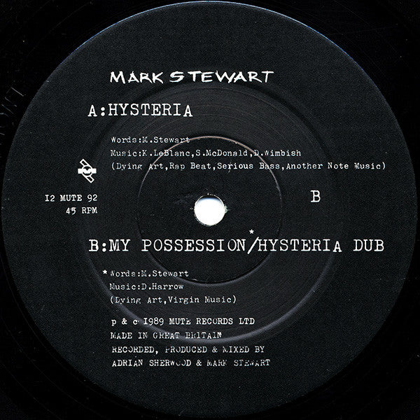 Mark Stewart : Hysteria (12", Single)