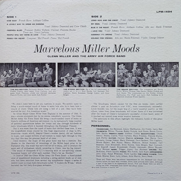 Glenn Miller And The Army Air Force Band : Marvelous Miller Moods (LP, Album, Ind)