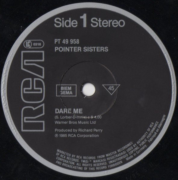 Pointer Sisters : Dare Me (12", Single)