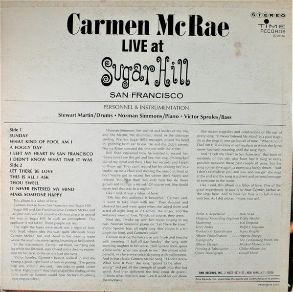 Carmen McRae : Live At Sugar Hill San Francisco (LP, Album)