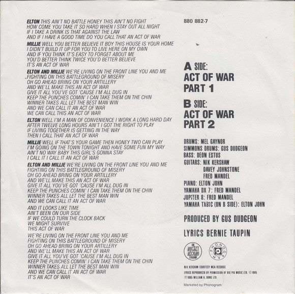 Elton John & Millie Jackson : Act Of War (7", Single)