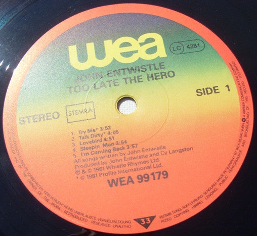 John Entwistle : Too Late The Hero (LP, Album)