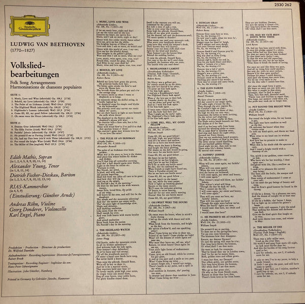 Ludwig van Beethoven - Edith Mathis • Alexander Young, Dietrich Fischer-Dieskau : Volksliedbearbeitungen • Folk Song Arrangements (LP)