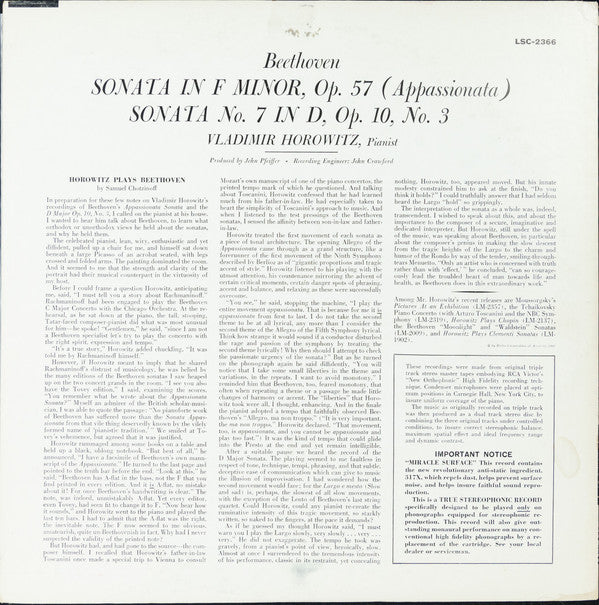 Ludwig van Beethoven / Vladimir Horowitz : Sonata In F Minor, Op. 57 ("Appassionata") / Sonata No. 7 In D, Op. 10, No. 3 (LP, Ind)