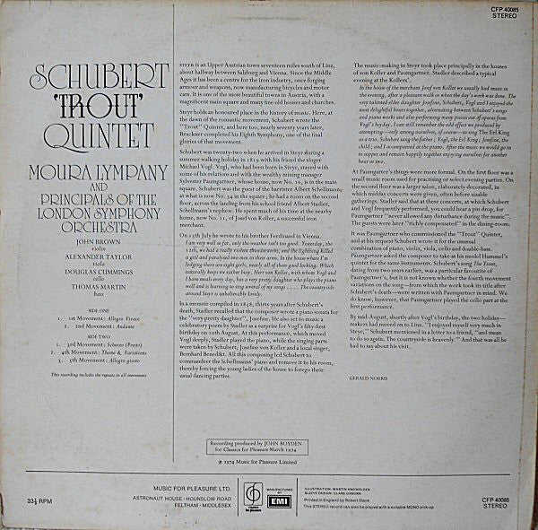 Franz Schubert, Dame Moura Lympany And The London Symphony Orchestra : 'Trout' Quintet (LP, Album)