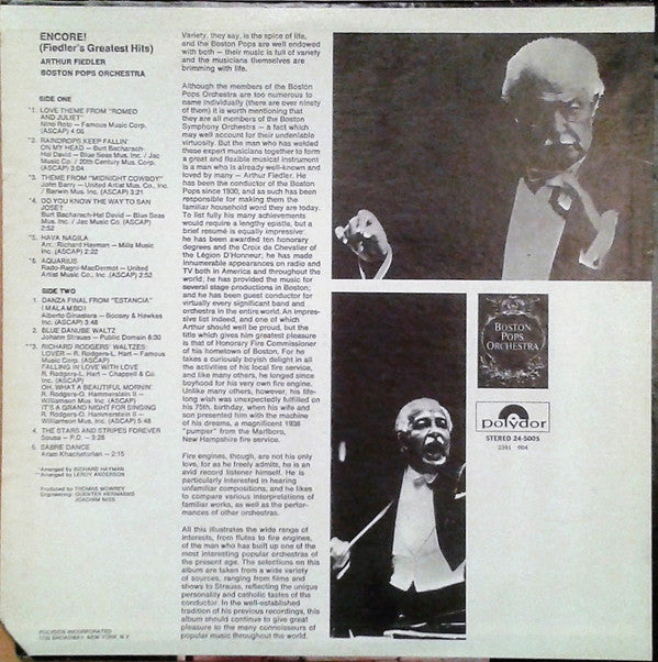 Arthur Fiedler - The Boston Pops Orchestra : Encore (Fiedler's Greatest Hits) (LP, Album, Comp)