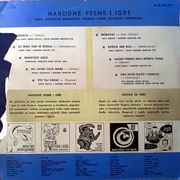 Various : Pesme I Igre Naroda Jugoslavije (Srbije, Vojvodine, Makedonije, Kosmeta, Bosne, Slavonije I Međumurja) (10", Comp, M/Print, RE)