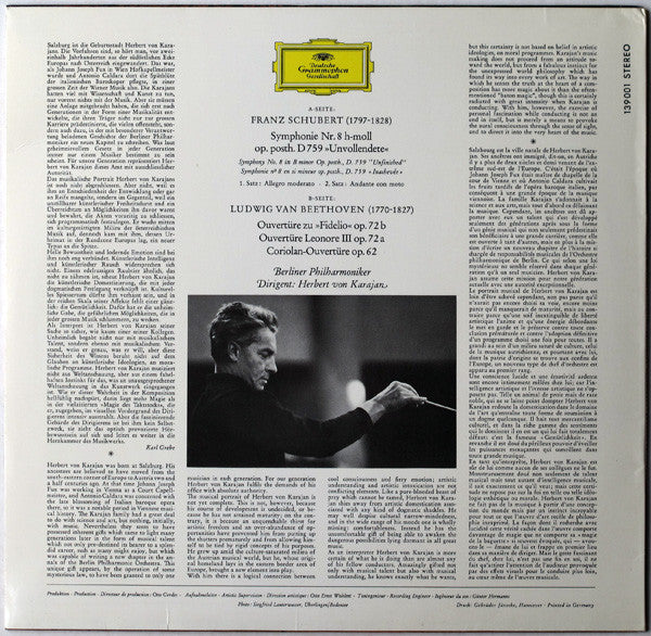 Franz Schubert / Ludwig van Beethoven : Berliner Philharmoniker · Herbert von Karajan : Symphonie Nr. 8 »Unvollendete« / Fidelio · Leonore III · Coriolan (Ouvertüren) (LP)