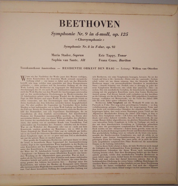 Ludwig Van Beethoven / Maria Stader - Sophia Van Sante - Eric Tappy - Franz Crass - Residentie Orkest, Amsterdamer Toonkunst-Chor, Willem Van Otterloo : Symphonie Nr. 9 In D-Moll, Op. 125 "Chorsymphonie" - Symphonie Nr. 8 In F-Dur, Op. 93 (2xLP, Album)