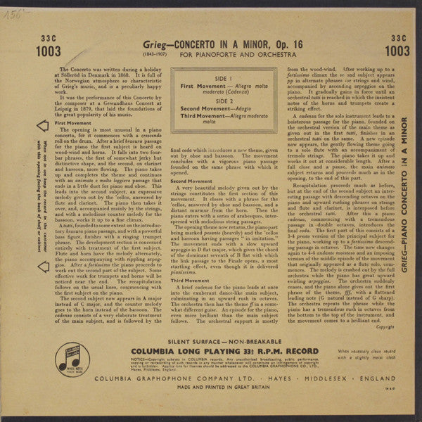 Edvard Grieg, Walter Gieseking And Philharmonia Orchestra Conducted By Herbert Von Karajan : Pianoforte Concerto In A Minor (10")