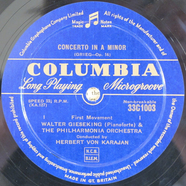 Edvard Grieg, Walter Gieseking And Philharmonia Orchestra Conducted By Herbert Von Karajan : Pianoforte Concerto In A Minor (10")