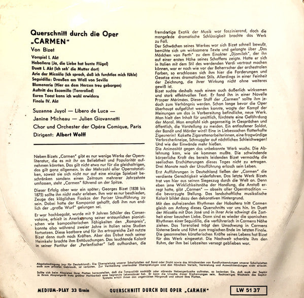 Georges Bizet, Chœurs Du Théâtre National De L'Opéra Comique Und Orchestre Du Théâtre National De L'Opéra-Comique Dirigent:  Albert Wolff : Ein Querschnitt Durch Die Oper "Carmen" (10")