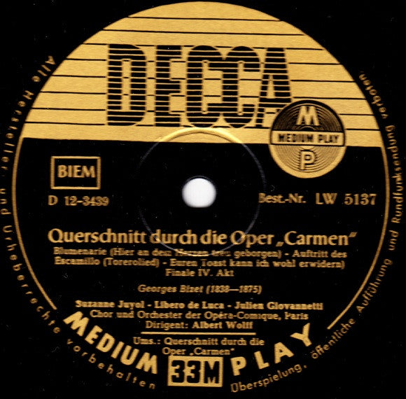 Georges Bizet, Chœurs Du Théâtre National De L'Opéra Comique Und Orchestre Du Théâtre National De L'Opéra-Comique Dirigent:  Albert Wolff : Ein Querschnitt Durch Die Oper "Carmen" (10")