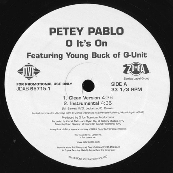 Petey Pablo Featuring Young Buck : O It's On (12", Single, Promo)