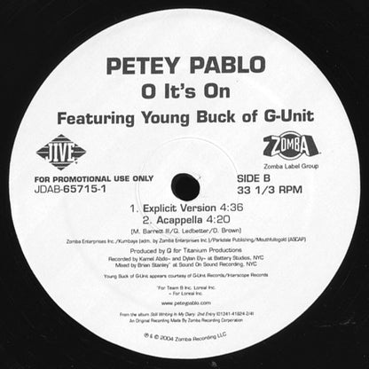 Petey Pablo Featuring Young Buck : O It's On (12", Single, Promo)