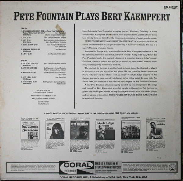 Pete Fountain : Pete Fountain Plays Bert Kaempfert (LP, Album, Pin)