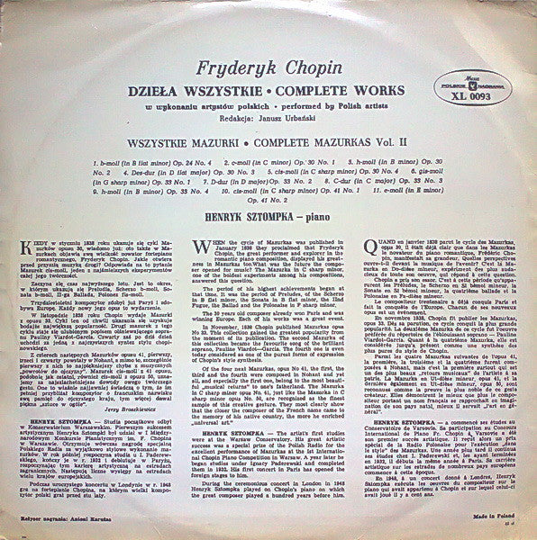 Frédéric Chopin - Henryk Sztompka : Wszystkie Mazurki = Complete Mazurkas Vol. II (LP, Bla)