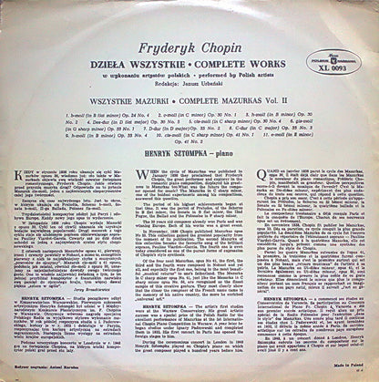 Frédéric Chopin - Henryk Sztompka : Wszystkie Mazurki = Complete Mazurkas Vol. II (LP, Bla)