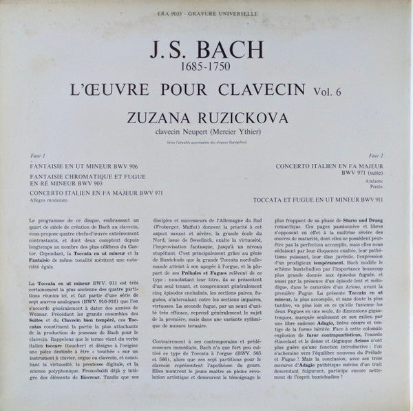 Johann Sebastian Bach Par Zuzana Růžičková : Concerto Italien (BWV 971) / Fantaisie Chromatique & Fugue (BWV 903) / Fantaisie (BWV 906) / Toccata & Fugue (BWV 911) (LP)