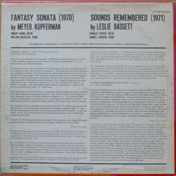 Meyer Kupferman / Leslie Bassett : Fantasy Sonata / Sounds Remembered (LP)