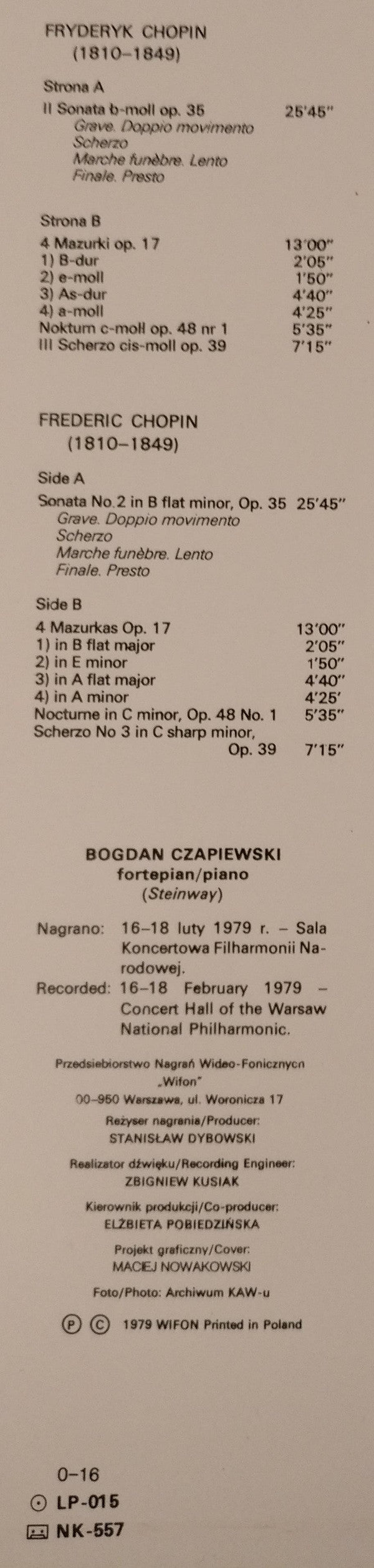 Frédéric Chopin – Bogdan Czapiewski : Sonata b-moll Op. 35 / Mazurki Op. 17 / Nokturn c-moll Op. 48 Nr 1 / Scherzo cis-moll Op. 39 (LP)