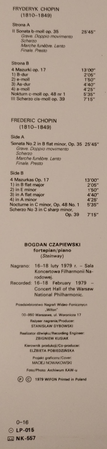 Frédéric Chopin – Bogdan Czapiewski : Sonata b-moll Op. 35 / Mazurki Op. 17 / Nokturn c-moll Op. 48 Nr 1 / Scherzo cis-moll Op. 39 (LP)