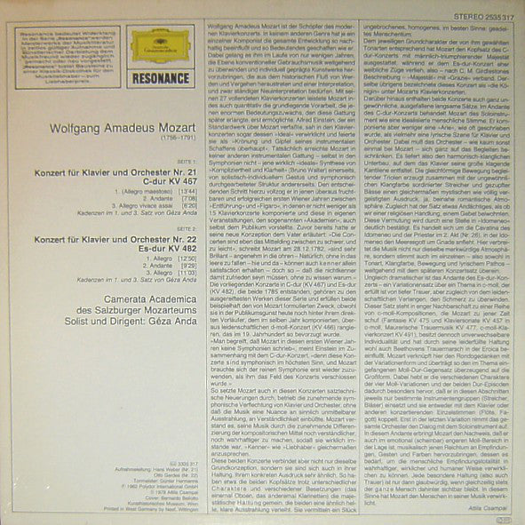 Wolfgang Amadeus Mozart, Géza Anda, Camerata Academica Salzburg : Klavierkonzerte Nr.21 & 22 (LP, Comp)