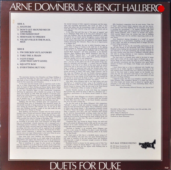 Arne Domnérus & Bengt Hallberg : Duets For Duke (LP, Album)