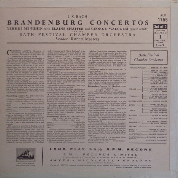 Johann Sebastian Bach - Yehudi Menuhin, Bath Festival Chamber Orchestra : The Brandenburg Concertos (2xLP, Mono)