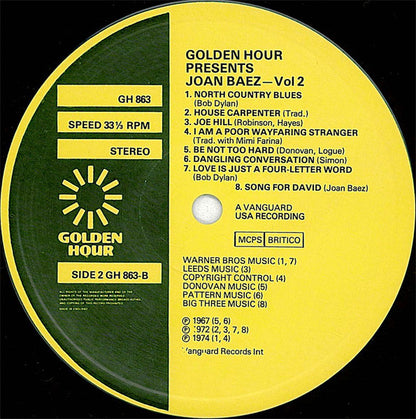 Joan Baez : Golden Hour Presents Joan Baez Volume 2 (LP, Comp, Tra)