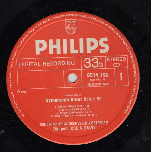 Joseph Haydn / Concertgebouworkest, Sir Colin Davis : Symphonies 93 & 94 "Surprise" (LP, dig)