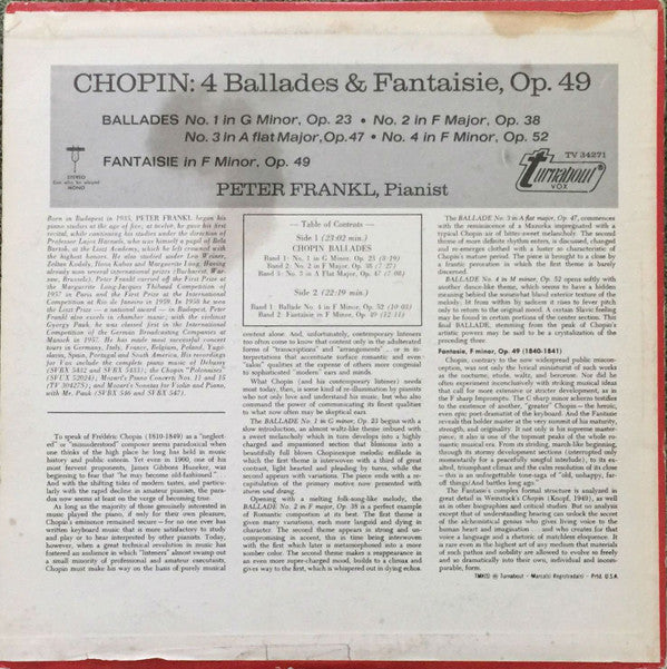 Frédéric Chopin, Peter Frankl : 4 Ballades & Fantaisie, Op. 49 (LP)