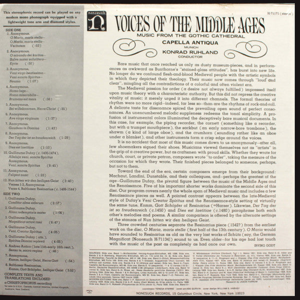 Capella Antiqua München Conducted By Konrad Ruhland : Voices Of The Middle Ages - Music From The Gothic Cathedral (LP, Album)