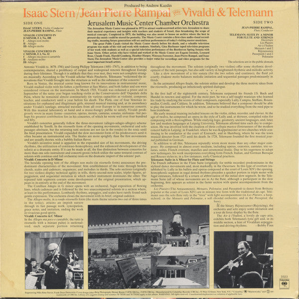 Isaac Stern / Jean-Pierre Rampal, Jerusalem Music Center Chamber Orchestra - Antonio Vivaldi & Georg Philipp Telemann : Isaac Stern / Jean-Pierre Rampal Play Vivaldi & Telemann (Double Concertos In C Minor And D Minor / Suite In A Minor For Flute And Strings) (LP, Album)