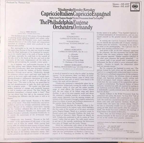 Pyotr Ilyich Tchaikovsky / Nikolai Rimsky-Korsakov - The Philadelphia Orchestra, Eugene Ormandy : Capriccio Italien / Capriccio Espagnol (LP, Album)